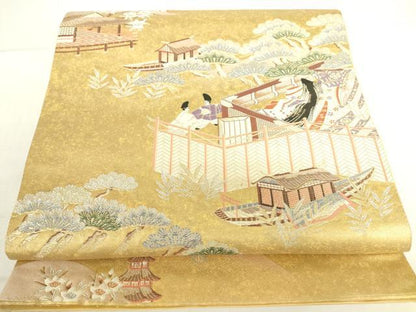 平和屋着物▼太鼓柄袋帯　人物風景花文　本漆金箔　正絹　逸品　DABH0357op