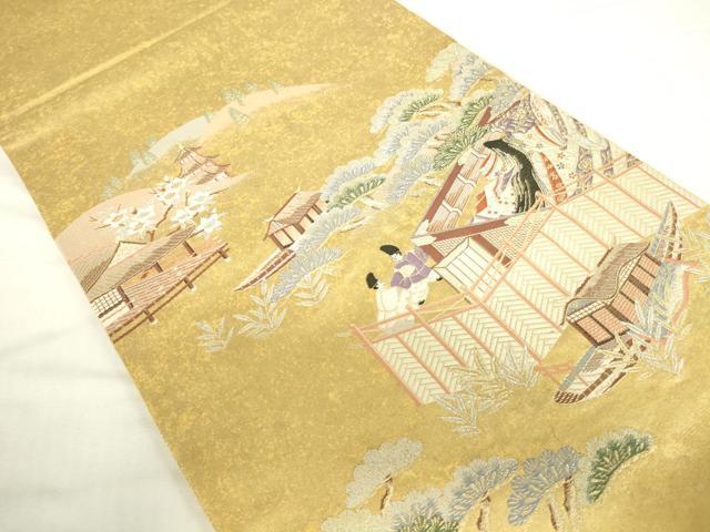平和屋着物▼太鼓柄袋帯　人物風景花文　本漆金箔　正絹　逸品　DABH0357op