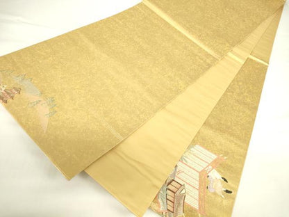 平和屋着物▼太鼓柄袋帯　人物風景花文　本漆金箔　正絹　逸品　DABH0357op