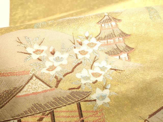 平和屋着物▼太鼓柄袋帯　人物風景花文　本漆金箔　正絹　逸品　DABH0357op