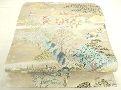 平和屋本店▼六通柄袋帯　唐織　花鳥清董文　純金箔　正絹　逸品　DABH0358op
