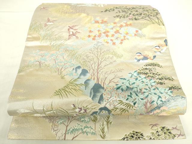 平和屋本店▼六通柄袋帯　唐織　花鳥清董文　純金箔　正絹　逸品　DABH0358op