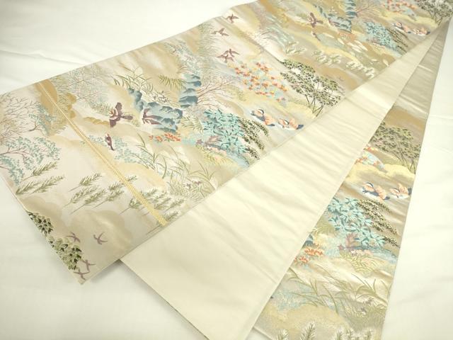 平和屋本店▼六通柄袋帯　唐織　花鳥清董文　純金箔　正絹　逸品　DABH0358op