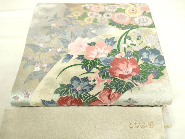 平和屋本店▼「美しいキモノ」お馴染みのメーカー　となみ織物　六通柄袋帯　唐織　地紙花文 純金箔 反端付き 正絹 逸品 未使用 DABH0359op