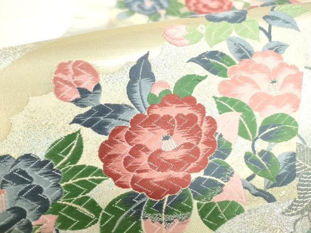 平和屋本店▼「美しいキモノ」お馴染みのメーカー　となみ織物　六通柄袋帯　唐織　地紙花文 純金箔 反端付き 正絹 逸品 未使用 DABH0359op
