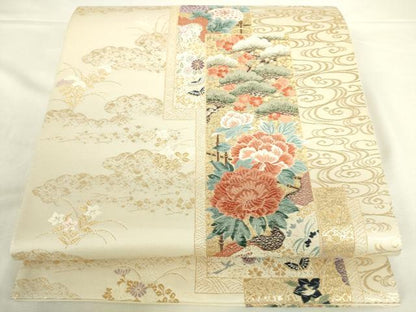 平和屋本店▼六通柄袋帯　唐織　献上短冊文　九百本金弐重織　正絹　逸品　DABH0360op