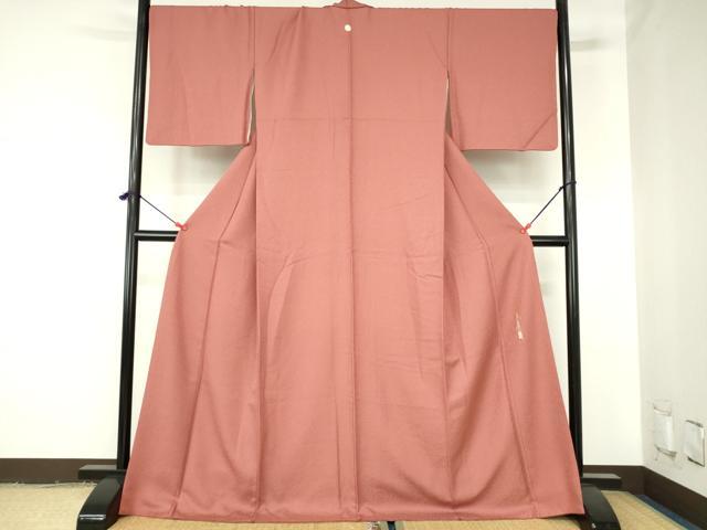 平和屋着物●本草木染作家　瑞寶　色無地　紋意匠　甚三紅色　ロング丈　正絹　逸品　DABH0366op