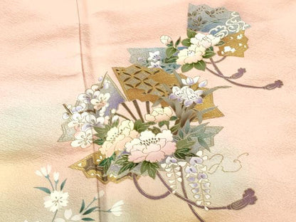 平和屋着物●訪問着　檜扇花文　枝桜　暈し染め　金彩　さが美扱い　ロング丈　正絹　逸品　未使用　DABH0385op