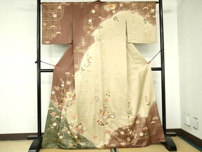 平和屋着物●訪問着　駒刺繍　舞蝶地紙花文　暈し染め　金彩　正絹　逸品　DABH0390op