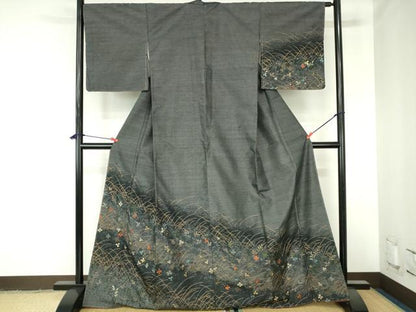 平和屋着物●訪問着　紬地　総刺繍　草花　金糸　正絹　逸品　未使用　DABH0395op