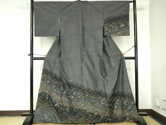 平和屋着物●訪問着　紬地　総刺繍　草花　金糸　正絹　逸品　未使用　DABH0395op