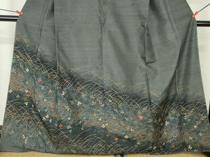 平和屋着物●訪問着　紬地　総刺繍　草花　金糸　正絹　逸品　未使用　DABH0395op