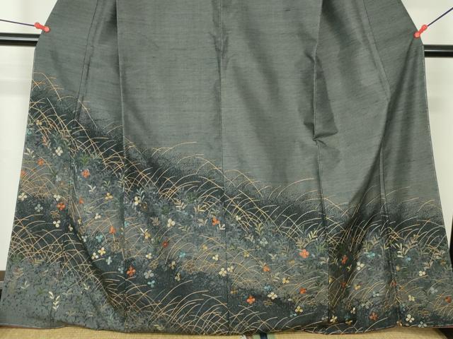 平和屋着物●訪問着　紬地　総刺繍　草花　金糸　正絹　逸品　未使用　DABH0395op