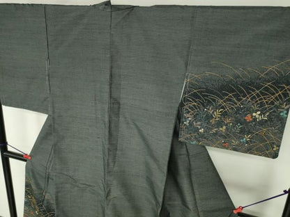 平和屋着物●訪問着　紬地　総刺繍　草花　金糸　正絹　逸品　未使用　DABH0395op