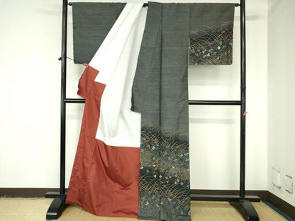 平和屋着物●訪問着　紬地　総刺繍　草花　金糸　正絹　逸品　未使用　DABH0395op