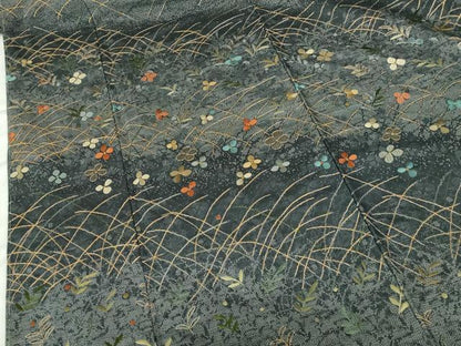 平和屋着物●訪問着　紬地　総刺繍　草花　金糸　正絹　逸品　未使用　DABH0395op