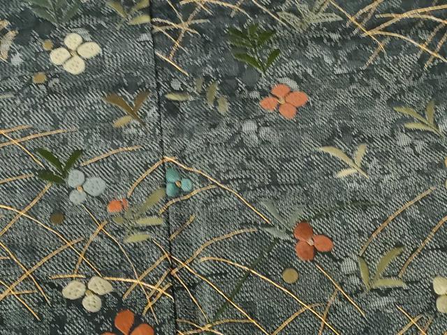 平和屋着物●訪問着　紬地　総刺繍　草花　金糸　正絹　逸品　未使用　DABH0395op