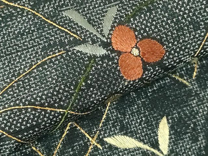 平和屋着物●訪問着　紬地　総刺繍　草花　金糸　正絹　逸品　未使用　DABH0395op