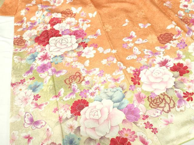 平和屋着物●豪華振袖　駒刺繍　舞蝶花文　牡丹　暈し染め　金銀彩　正絹　逸品　DABH0401op