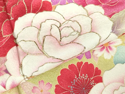 平和屋着物●豪華振袖　駒刺繍　舞蝶花文　牡丹　暈し染め　金銀彩　正絹　逸品　DABH0401op