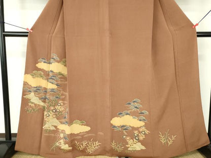 平和屋着物●訪問着　雲取花松文　鬼しぼ縮緬　金彩　正絹　逸品　DABH0404op