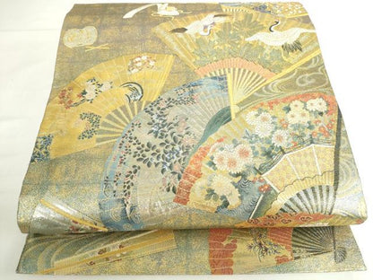 平和屋本店▼極上　西陣あさぎ　両面　全通全景柄袋帯　徳川美術館秘蔵　能楽百扇　24金プラチナ二重箔　正絹　逸品　DABH0410op