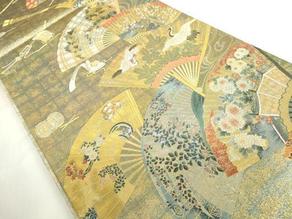 平和屋本店▼極上　西陣あさぎ　両面　全通全景柄袋帯　徳川美術館秘蔵　能楽百扇　24金プラチナ二重箔　正絹　逸品　DABH0410op