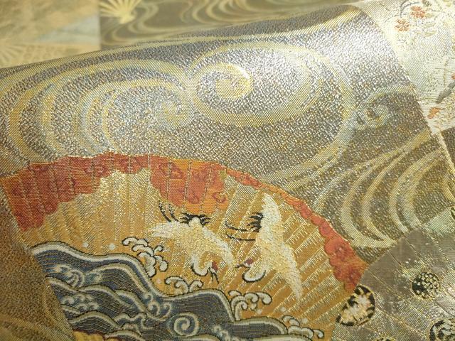 平和屋本店▼極上　西陣あさぎ　両面　全通全景柄袋帯　徳川美術館秘蔵　能楽百扇　24金プラチナ二重箔　正絹　逸品　DABH0410op