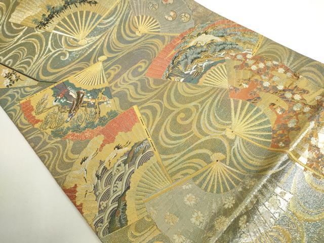 平和屋本店▼極上　西陣あさぎ　両面　全通全景柄袋帯　徳川美術館秘蔵　能楽百扇　24金プラチナ二重箔　正絹　逸品　DABH0410op