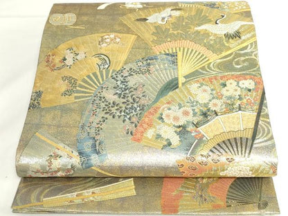 平和屋本店▼極上　西陣あさぎ　両面　全通全景柄袋帯　徳川美術館秘蔵　扇面飛鶴花文　24金プラチナ三重箔　正絹　逸品　DABH0411op