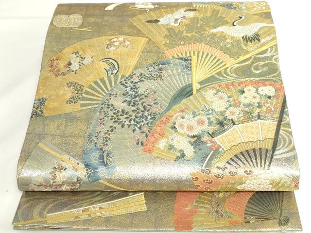 平和屋本店▼極上　西陣あさぎ　両面　全通全景柄袋帯　徳川美術館秘蔵　扇面飛鶴花文　24金プラチナ三重箔　正絹　逸品　DABH0411op