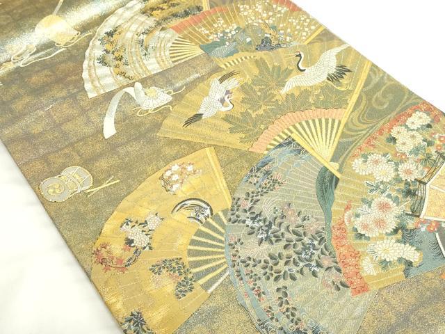 平和屋本店▼極上　西陣あさぎ　両面　全通全景柄袋帯　徳川美術館秘蔵　扇面飛鶴花文　24金プラチナ三重箔　正絹　逸品　DABH0411op