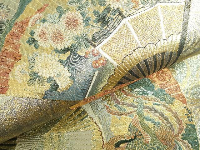平和屋本店▼極上　西陣あさぎ　両面　全通全景柄袋帯　徳川美術館秘蔵　扇面飛鶴花文　24金プラチナ三重箔　正絹　逸品　DABH0411op
