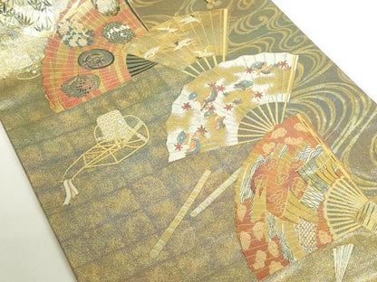 平和屋本店▼極上　西陣あさぎ　両面　全通全景柄袋帯　徳川美術館秘蔵　扇面飛鶴花文　24金プラチナ三重箔　正絹　逸品　DABH0411op