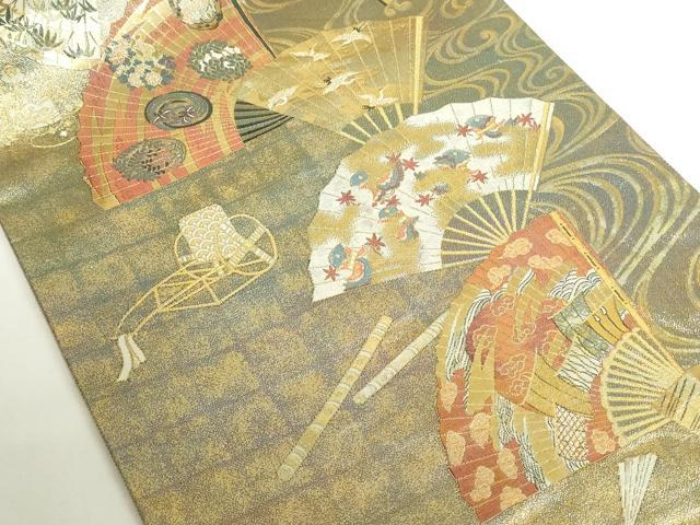 平和屋本店▼極上　西陣あさぎ　両面　全通全景柄袋帯　徳川美術館秘蔵　扇面飛鶴花文　24金プラチナ三重箔　正絹　逸品　DABH0411op