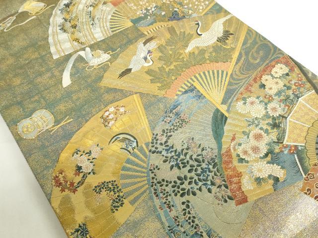 平和屋本店▼極上　西陣あさぎ　両面　全通全景柄袋帯　徳川美術館秘蔵　能楽百扇　24金プラチナ二重箔　正絹　逸品　DABH0413op