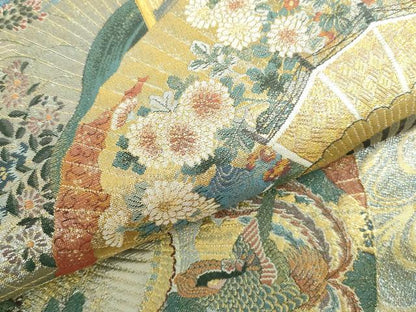 平和屋本店▼極上　西陣あさぎ　両面　全通全景柄袋帯　徳川美術館秘蔵　能楽百扇　24金プラチナ二重箔　正絹　逸品　DABH0413op