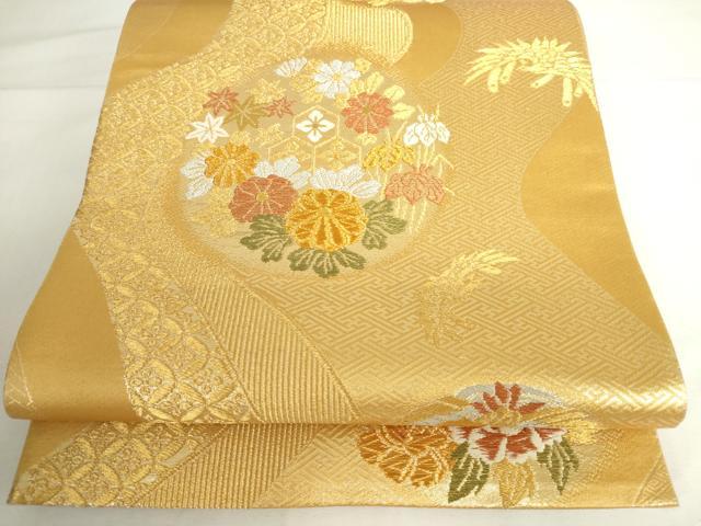 平和屋本店▼六通柄袋帯　唐織　花鳥丸文　本金箔二重織　正絹　逸品　DABH0414op