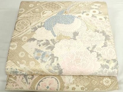 平和屋本店▼六通柄袋帯　唐織　孔雀花文　弐拾四金二重織　正絹　逸品　DABH0415op