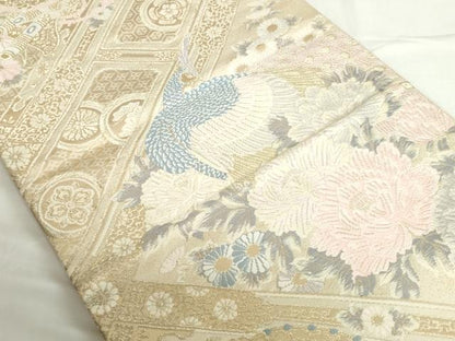 平和屋本店▼六通柄袋帯　唐織　孔雀花文　弐拾四金二重織　正絹　逸品　DABH0415op