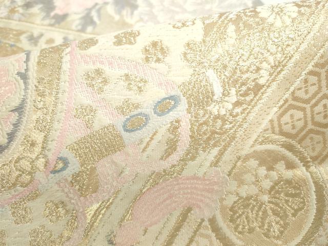 平和屋本店▼六通柄袋帯　唐織　孔雀花文　弐拾四金二重織　正絹　逸品　DABH0415op