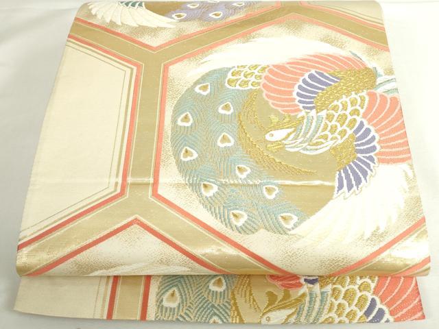 平和屋本店▼六通柄袋帯　唐織　亀甲孔雀文　24金箔　正絹　逸品　DABH0421op