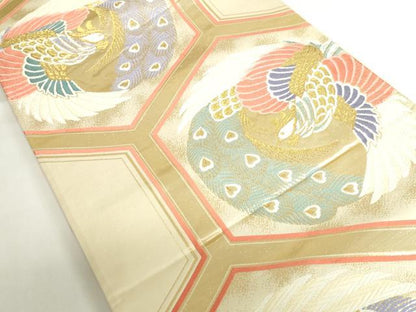平和屋本店▼六通柄袋帯　唐織　亀甲孔雀文　24金箔　正絹　逸品　DABH0421op