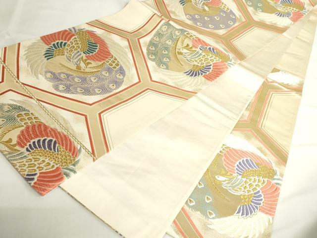 平和屋本店▼六通柄袋帯　唐織　亀甲孔雀文　24金箔　正絹　逸品　DABH0421op