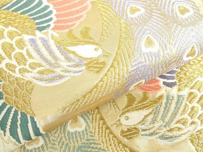 平和屋本店▼六通柄袋帯　唐織　亀甲孔雀文　24金箔　正絹　逸品　DABH0421op