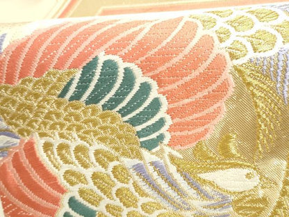 平和屋本店▼六通柄袋帯　唐織　亀甲孔雀文　24金箔　正絹　逸品　DABH0421op