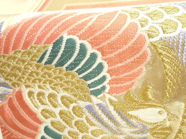 平和屋本店▼六通柄袋帯　唐織　亀甲孔雀文　24金箔　正絹　逸品　DABH0421op