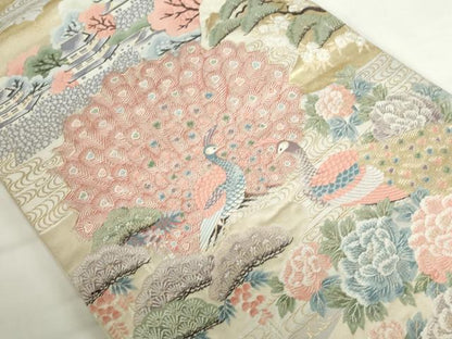 平和屋本店▼六通柄袋帯　唐織　九百錦　孔雀風景花文　純金箔　正絹　逸品　DABH0431op