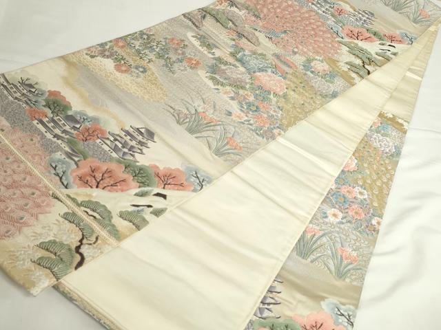 平和屋本店▼六通柄袋帯　唐織　九百錦　孔雀風景花文　純金箔　正絹　逸品　DABH0431op