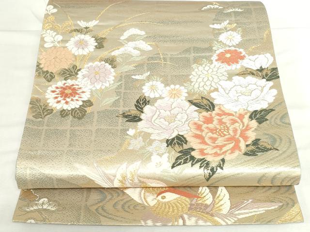 平和屋本店▼六通柄袋帯　唐織　鴛鴦花文　弐拾四金二重織　正絹　逸品　DABH0438op